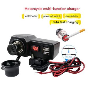 Prise allume-c-igare pour guidon de moto avec double chargeur USB et voltmètre à LED.