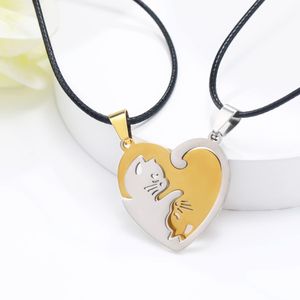 Lot de 2 Colliers Couple Chats Or & Argent Cœur - Acier Inoxydable