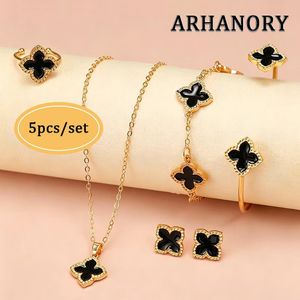 ARHANORY Ensemble de 5 pièces: Collier, Bracelet, Bague et Boucles d'oreilles Trèfle à quatre feuilles - Noir