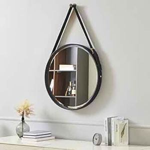 Miroir rond décoratif mural avec une sangle en simili cuir Noir (Moyenne)