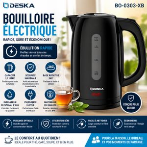 Deska Bouilloire Électrique 1.7L – 2200W – Ébullition Rapide – Arrêt Automatique – Base 360° – Noir
