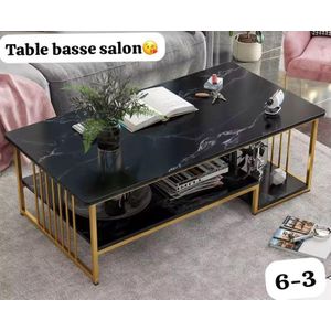 Table Basse Salon Luxe – Plateau Effet Marbre Noir & Cadre Doré Géométrique – Design Moderne Chic