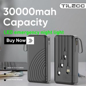 TiLECC Charge rapide 3 en 1 + cordon portable Batterie externe multifonction portable 30 000 mAh avec câbles intégrés