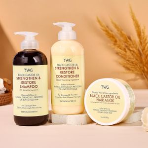 TWG Kit de Soin Complet à l'Huile de Ricin Noire – Shampoing, Après-Shampoing et Masque – Renforcement, Croissance et Réparation des Cheveux Abîmés (500ml/200g)