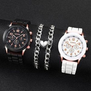 Montre couple à trois cadrans + Bracelet Amour - Noir/Blanc