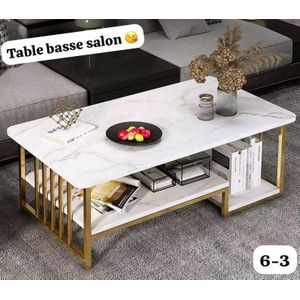 Table Basse Salon Luxe – Plateau Effet Marbre Noir & Cadre Doré Géométrique – Design Moderne Chic