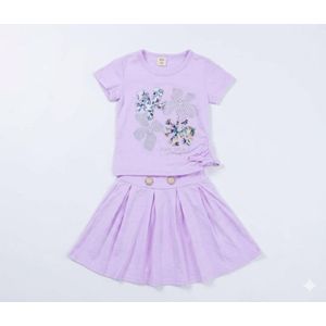 Ensemble 2 Pièces Fille - T-shirt Imprimé & Jupe Plissée à Boutons Bijoux