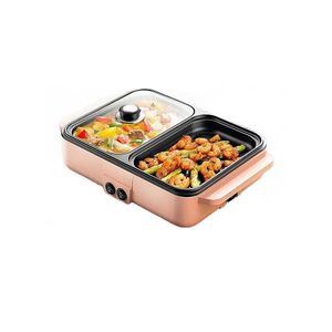 Flushrenic Mini 2 en 1 Pot chaud électrique, Hot Pot avec Grill, Grill sans fumée et pot Shabu, Grill électrique Pot chaud intérieur avec couvercle en verre et plaque de grill anti-adhésif amovible,Contral double température séparé
