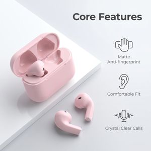General Écouteurs Bluetooth sans fil demi-oreille rose mat, mini casque portable avec boîtier de charge, écouteurs appel clair pour travail étude sport quotidien