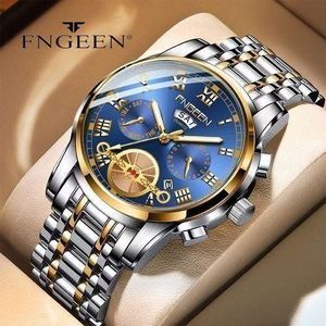 General Montre Quartz Homme FNGEEN Business Casual Cadran Bleu Acier Bicolore Lumineuse Multifonction Roue Volante Creuse