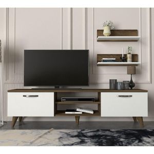 Meuble TV en Bois Marbré Moderne, Table TV, Étagères et Rangement – Support Télévision Multifonction pour Salon Contemporain