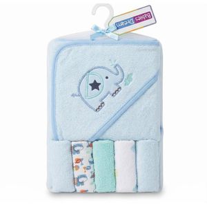 Serviette de Bain pour Bébé - 6 Pièces - 1 Serviette à Capuche Brodée + 5 Gants de Toilette - Bleu Éléphant