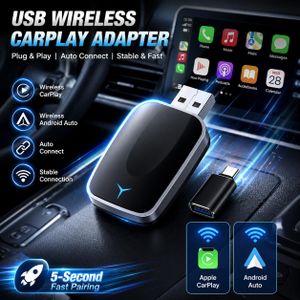 Boîtier intelligent sans fil deux-en-un CarPlay et Android Auto, supporte la configuration par simple pression, alimentation, sans fil et WiFi, plug and play, compatible avec les smartphones et véhicules