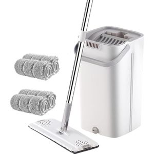 Flushrenic Ensemble balai et seau, balai à plat mains libres avec seau, balai de 50" avec 4 tampons en microfibre réutilisables, utilisation humide et sèche, système de nettoyage de sol (blanc)