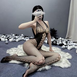 CALLIARA Body à col châle en filet large noir, lingerie transparente ajourée, body tanga en filet de style ajusté et aminc issant