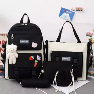 Ensemble sac à dos scolaire filles - 5PCs : sac à dos Kawaii, 2 trousses à crayons, sac à main, porte-monnaie Noir