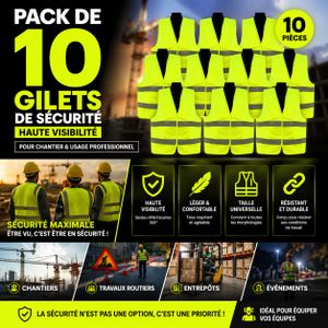 Pack de 10 Gilets de Sécurité Haute Visibilité Réfléchissants 360° – Taille Universelle – Chantier & Route