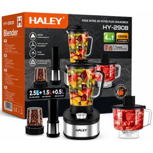 HALEY Blender HY-2908 4-en-1 – 1200 W – 3 Vitesses – Bol 2,5 L + Hachoir 1,5 L + Moulin 0,5 L