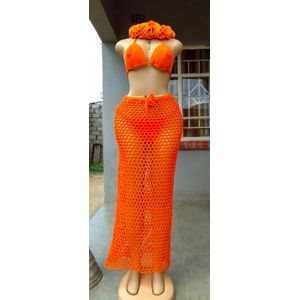 Ensemble de Plage 4 Pièces en Crochet Fait Main - Bikini, Jupe Longue & Accessoire Tête - Orange 
