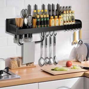 Étagère à épices murale de 60 cm, installation sans perçage, avec 10 crochets pour accrocher au mur, adaptée pour ranger 2 tasses d'épices - Noir