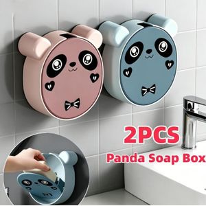 2 pièces porte-savon mural panda dessin animé avec couvercle, support de savon de luxe sans perçage avec évacuation pour savon à lessive pour salle de bain et cuisine