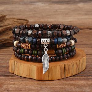 Bracelet Homme 5 en 1 Perles en Bois Style Chinois à Superposer Élastique