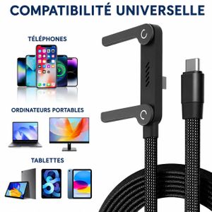 No Brand Original Câble USB-C90 degrés Charge Rapide 24W avec Support Pliable Intégré – Câble Tressé Ultra Résistant – Charge et Synchronisation Haute Vitesse
