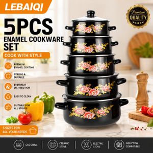 Ensemble de casseroles en émail (5 pièces) : marmite, faitout, casserole à double poignée et couvercle en verre - Noir