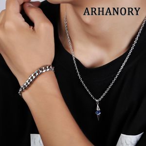 ARHANORY Ensemble Collier Bracelet Homme Élégant Pierre Bleue Géométrique Pendentif Chaîne En Acier Titane - Argent