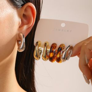 3 paires de boucles d'oreilles cerceau en résine marron classique en forme de C pour femmes - Multi
