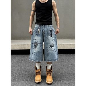 CALLIARA Capri en denim délavé rétro tendance de haute qualité - Jean Short 5 points ample à jambes larges style hip-hop avec imprimé graffiti urbain