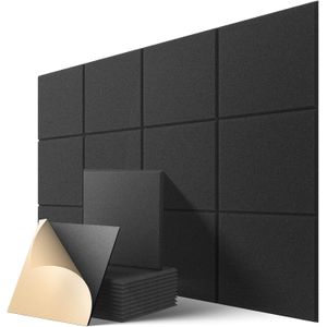 TodyJeyHo Ensemble de 12 Panneaux Acoustiques Autocollants, 12" X 12" X 0.4" Panneaux en mousse insonorisante en polyester haute densité pour murs, Panneaux muraux insonorisants pour la maison et le bureau (Noir)