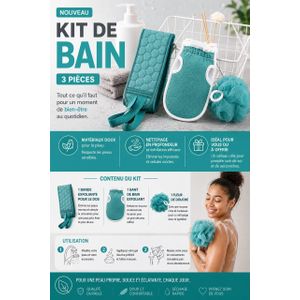 Ensemble kit de bain 3 piéces Gant Loofah Exfoliantes et bande - vert