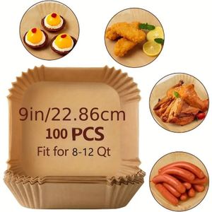 Revêtements de friteuse à air jetables carrés de 9 pouces, 100 unités de grands revêtements en papier parchemin jetables pour paniers de 8 à 12 pintes