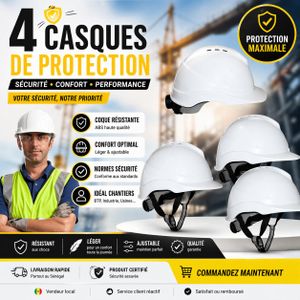 Casques de Protection Chantier x4 – Casque Sécurité Ajustable ABS Haute Résistance – BTP Industrie