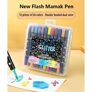 Marqueur à double tête brillant 24 couleurs Set stylo marqueur à tête fine pour graffiti, scrapbooking, dessin et écriture - 12 branches