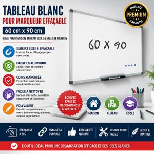Tableau Blanc Magnétique 60x90 cm – Effaçable à Sec – Cadre Aluminium – Support Mural Bureau & École
