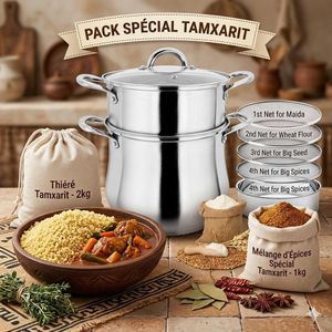 Pack Spécial Tamxarit – Couscoussier Inox Haute Qualité + Tamis Multi-Mailles Interchangeables