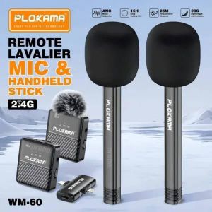 PLOKAMA WM-60 - Kit Double Microphone Sans Fil (2-en-1 Lavalier & Main) - Réduction de Bruit ANC - Autonomie 15H