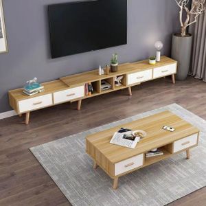 Ensemble Meuble TV Long + Table Basse Scandinave en Bois Naturel – Salon Moderne avec Rangements – Mobilier Design Nordique Élégant et Fonctionnel