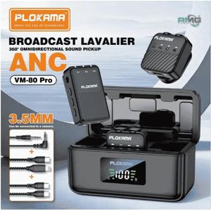 PLOKAMA   Double Microphone Cravate VM-80 Pro Sans Fil ANC – Réduction Active De Bruit – Boîtier De Charge Écran LED – Pour Téléphone, Caméra & PC