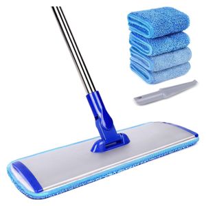 TodyJeyHo Balai plat, système de nettoyage de sol avec balai en microfibre, manche en acier inoxydable, 4 tampons de balai réutilisables et lavables pour sols en bois, nettoyage des carreaux pour passages humides et dépoussiérage