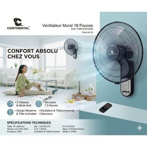 Continental Ventilateur Mural 18 Pouces avec Télécommande (FW45-811R)