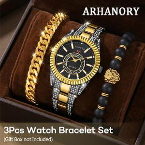ARHANORY Coffret Homme 3 Pièces Montre Quartz Vintage et Bracelet - Or