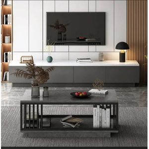 Ensemble Table TV Meuble Tele + Table Basse Salon Design Moderne Industriel – Plateau Marbre Blanc & Gris Anthracite – Structure Métal Noir – Rangement Intégré – Décoration Luxe Contemporain