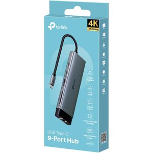 TPLink Hub USB Type-C 9 en 1, 4K à 60Hz HDMI, Ethernet 1 Gbit/s, SD et microSD UHS-I, Adaptateur Secteur 100 W, 1 Port de données USB-C, 3 Ports de données USB-A
