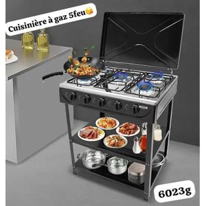 Cuisinière à Gaz Avec Etagère - 5 Feux Plaque de cuisson autoportante, pour camping, noire