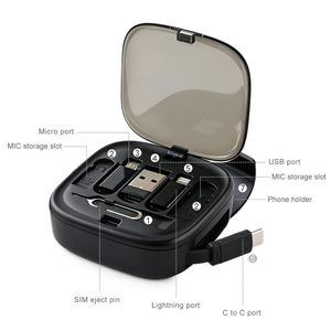 Boîte de stockage à câble USB C rétractable multifonctionnel, adaptateur de charge de téléphone 3 en 1 avec emplacement pour carte SIM TF, épingle d'éjection et support de téléphone caché Kit de chargeur de voyage portable
