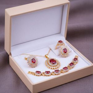 Parure Bijoux Femme Luxe - Plaqué Or 24K - Pierres Rouges Rubis & Cristaux - Collier, Bracelet, Boucles d'Oreilles