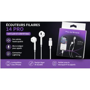 Écouteurs Filaires 14 Pro avec Connecteur Lightning - Son Stéréo HD, Micro Intégré, Compatibles iPhone